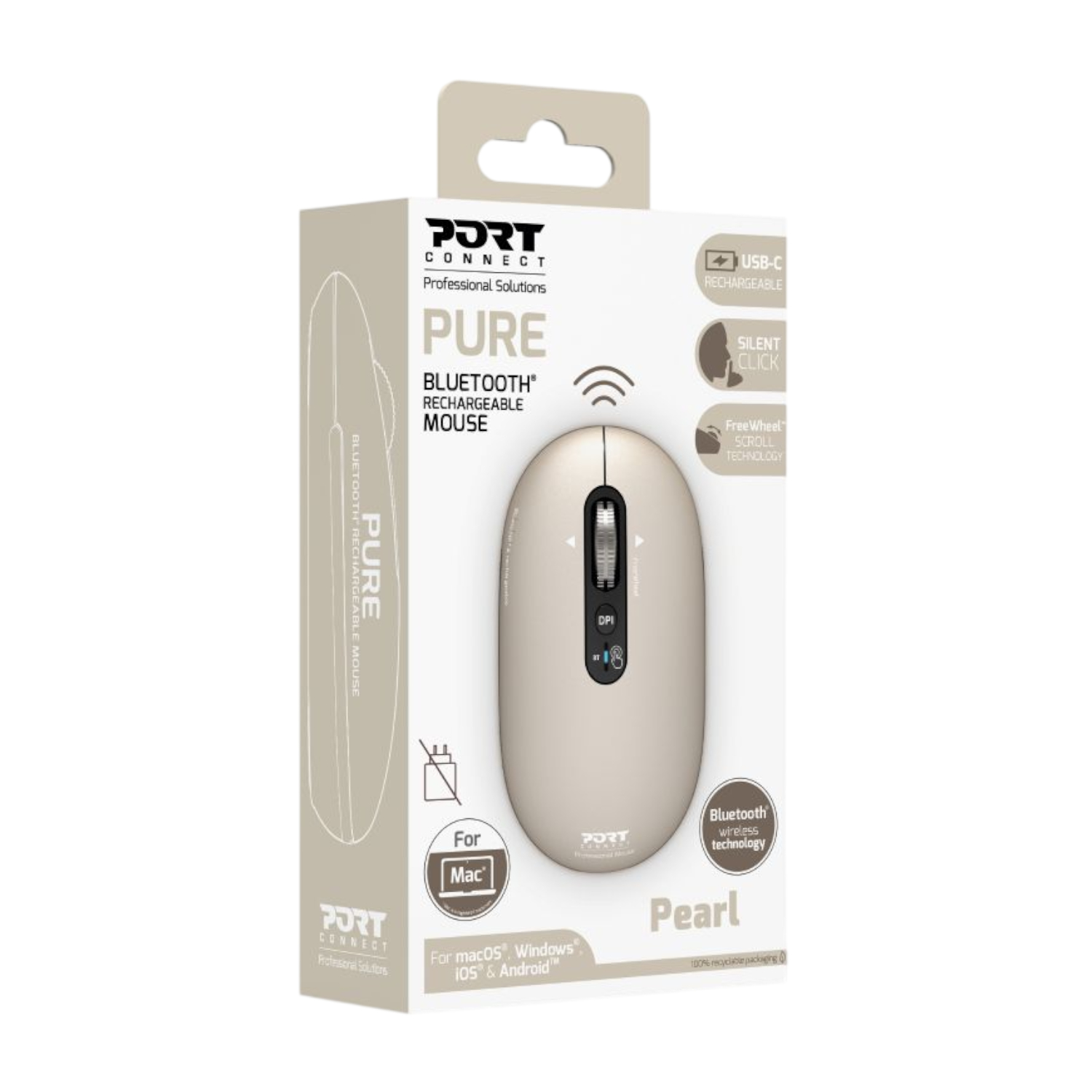 Port Connect PURE MAC Rechargeable Wireless and Bluetooth Mouse - Pearl - Image 5